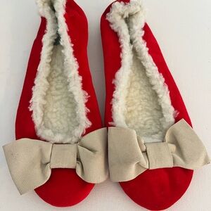 Frances Valentine Red Velvet Slippers with Cream Bow